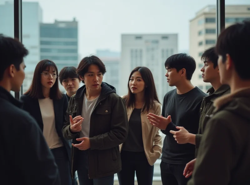 A diverse group of young South Korean adults engaged in a political discussion.