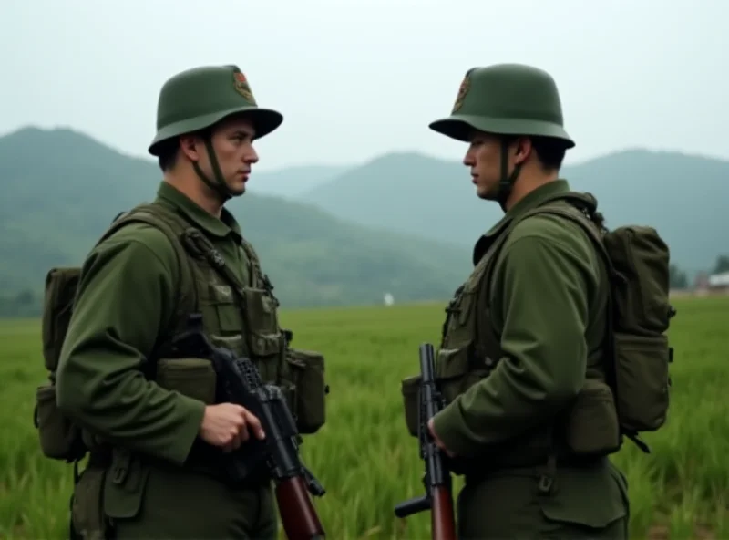 Two South Korean and US soldiers standing side-by-side in a field during a military exercise.