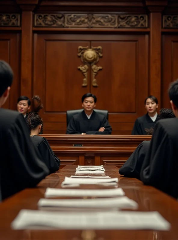 A courtroom scene in South Korea with judges in robes and legal documents on the table.