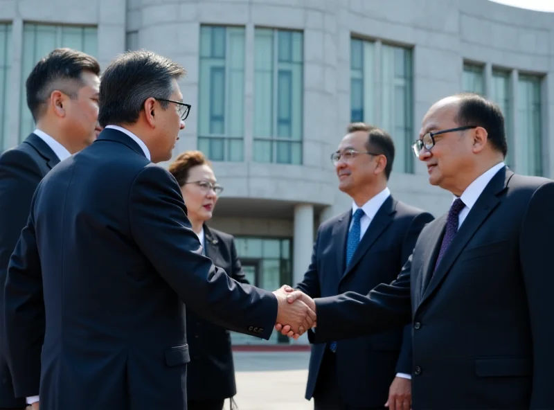 A group of Estonian diplomats shaking hands with South Korean officials in front of a government building.