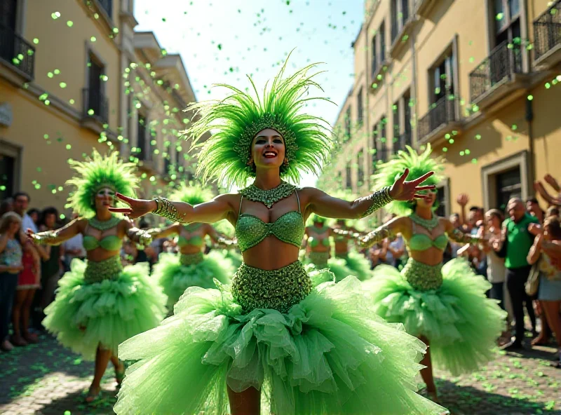 A vibrant scene from the Império de Casa Verde parade, with dancers in elaborate green and white costumes moving through a crowded street, confetti in the air and spectators cheering.