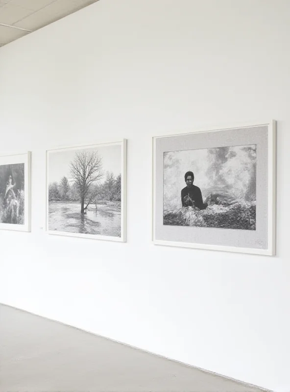 A collection of black and white photographs displayed on a white wall in a modern art gallery. The photographs depict scenes of daily life and nature from the Pará region of Brazil.