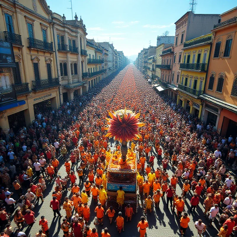 Aerial view of a bustling street during São Paulo Carnival, with vibrant costumes, floats, and a large crowd of people celebrating under a bright blue sky. The scene is filled with energy and excitement.