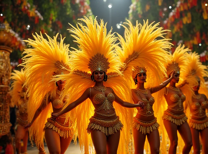 A vibrant scene from the Rosas de Ouro samba school parade, showcasing dancers in elaborate golden costumes with feathered headdresses against a backdrop of a beautifully decorated float.