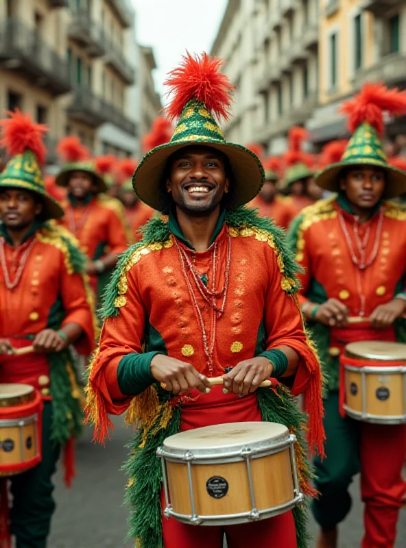 A dynamic shot of the Império de Casa Verde samba school parade, featuring a large group of drummers in colorful uniforms rhythmically playing their instruments with energy and passion.