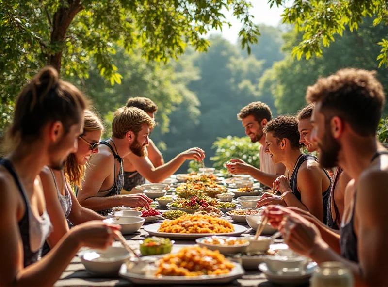 A vibrant outdoor scene at Ibirapuera Park, showcasing people enjoying a breakfast buffet at Selvagem, with lush greenery and the park's iconic architecture in the background.