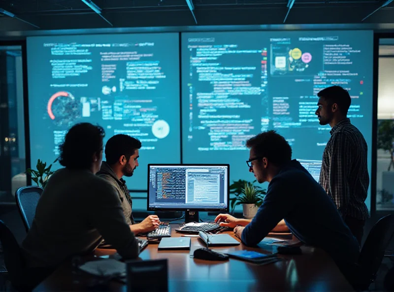 A diverse group of people collaborating on a tech project, surrounded by screens and diagrams.