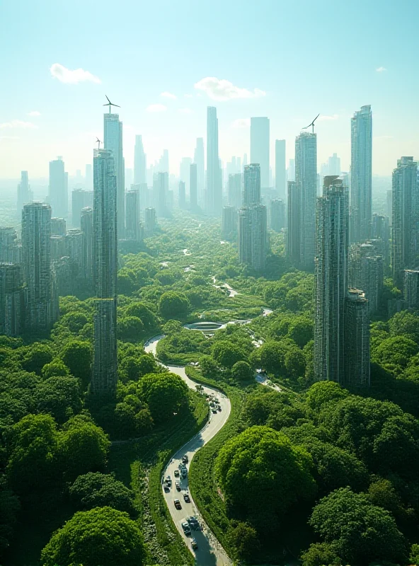 A futuristic city skyline with green spaces and renewable energy sources.