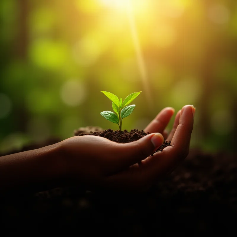 A close-up of a hand planting a seedling in fertile soil, symbolizing growth and sustainability.