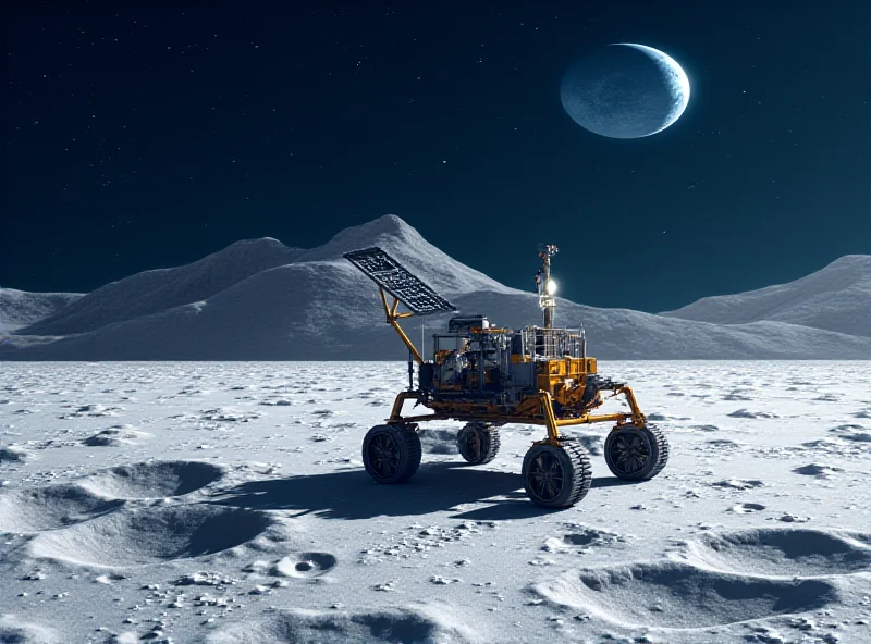 Illustration of the Athena lunar lander on the surface of the Moon, drilling into the ground near the South Pole. The lunar landscape is visible in the background.