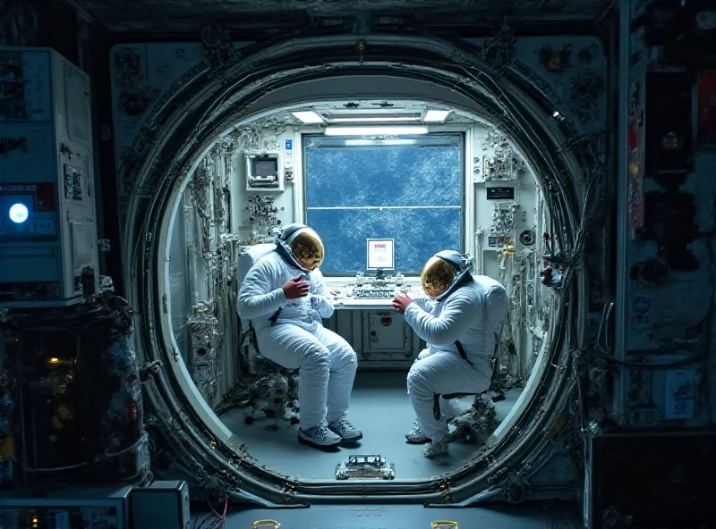 Interior view of the International Space Station, showing astronauts working in a clean, sterile environment. Scientific equipment and various modules are visible.