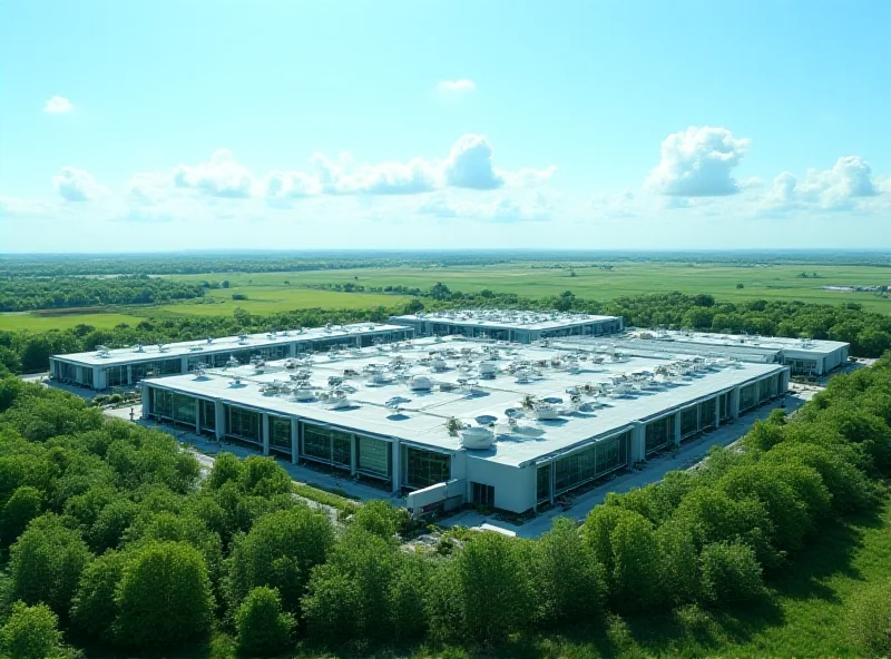 Aerial view of a large, modern data center in Memphis, surrounded by green fields and a clear blue sky.