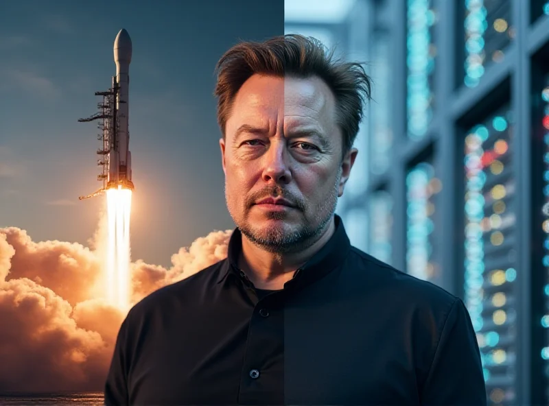 Elon Musk standing in front of a SpaceX rocket and an xAI data center, symbolizing the duality of his ventures.