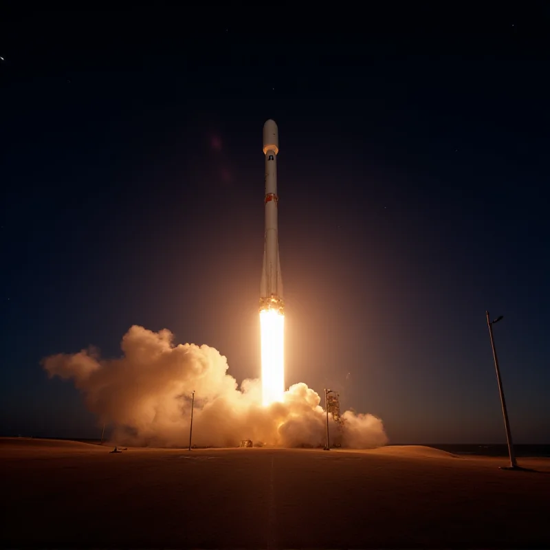 A wide shot of a SpaceX Falcon 9 rocket lifting off from a launchpad at night, with bright flames and exhaust visible.