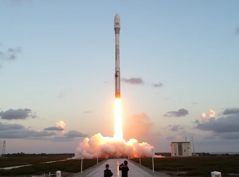 A SpaceX Falcon 9 rocket launching from Cape Canaveral, Florida with smoke billowing around the launchpad.