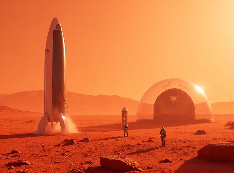 Concept art of a Starship rocket on the surface of Mars, next to a habitat dome.