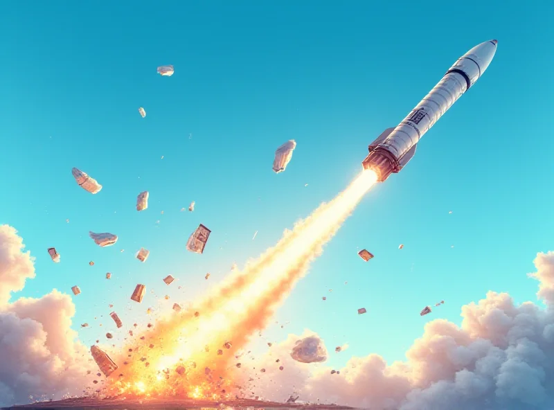 Illustration of a SpaceX Starship rocket exploding mid-air, with debris falling.