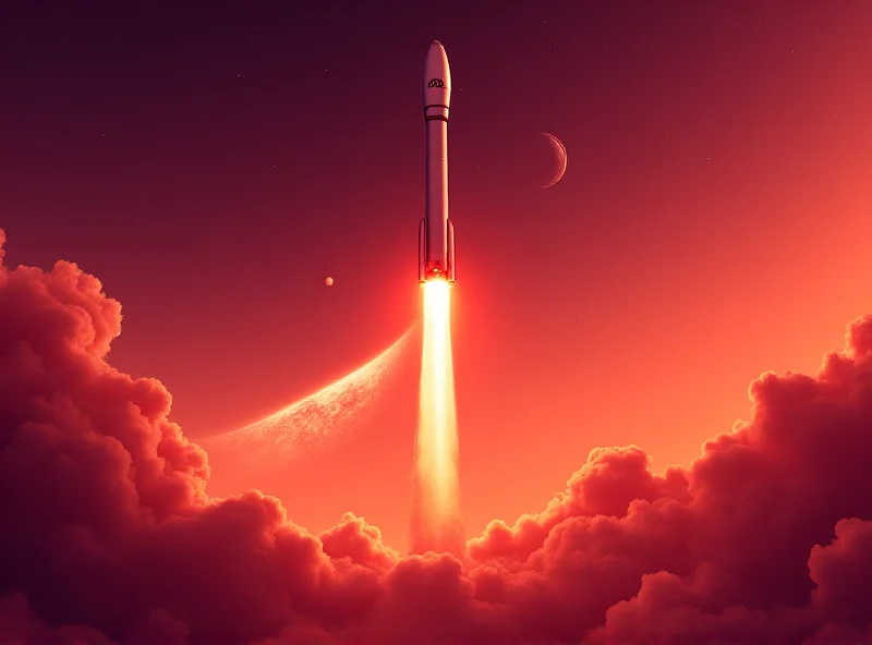 Illustration of a massive rocket launching into space, with a fiery exhaust plume. The background shows the curvature of the Earth and the darkness of space.