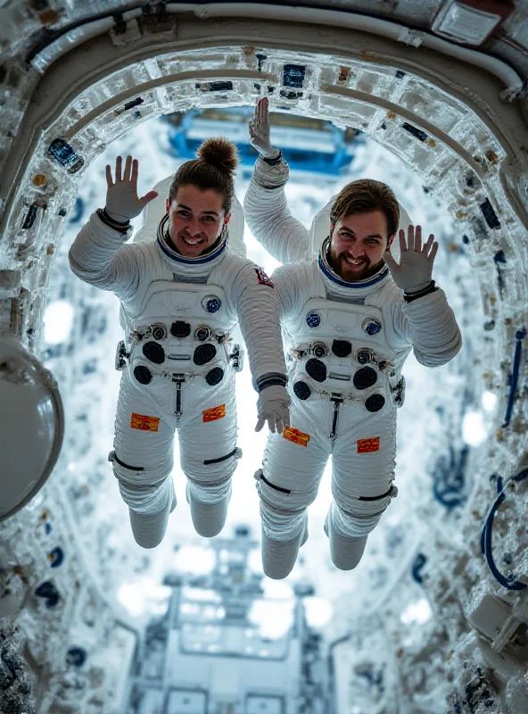 Two astronauts floating inside the International Space Station, smiling and waving. The interior of the station is visible, with various equipment and wiring.