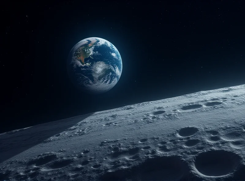 Digital art depicting Earth as seen from the moon. The Earth is partially illuminated, showing continents and oceans. The moon's surface is rocky and cratered.