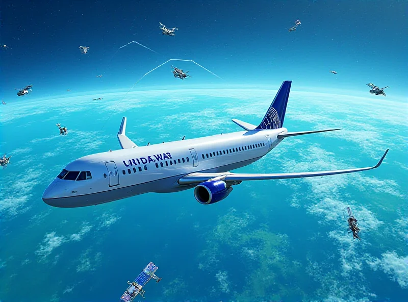 Illustration of a United Airlines plane flying through space with Starlink satellites orbiting.