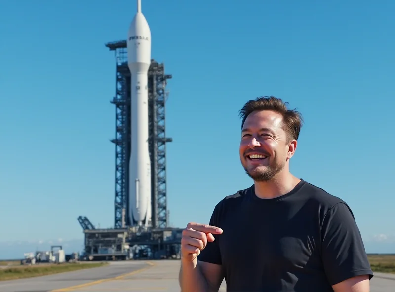 Digitally enhanced photo of Elon Musk smiling and pointing towards a Starship rocket on a launchpad.