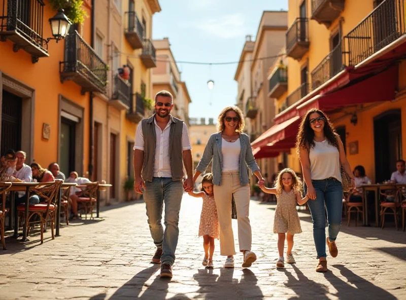 An American family strolling through a sunny Spanish town square, with colorful buildings and outdoor cafes in the background.