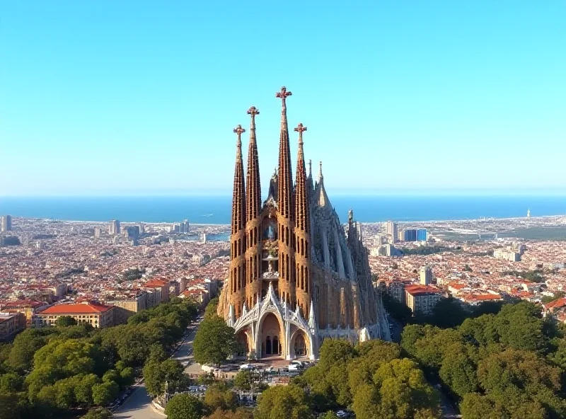 A panoramic view of Barcelona, Spain, showcasing the Sagrada Familia and other iconic landmarks against a backdrop of a blue sky and the Mediterranean Sea.