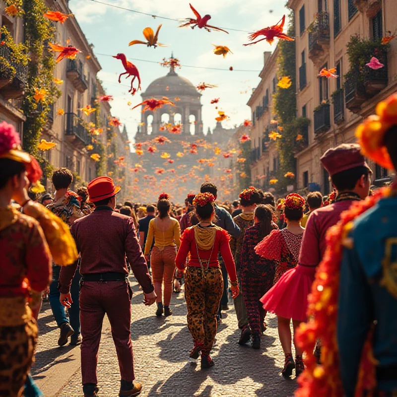 A vibrant street scene in Valencia, Spain, during the Fallas festival, with colorful costumes, elaborate sculptures, and a lively crowd.