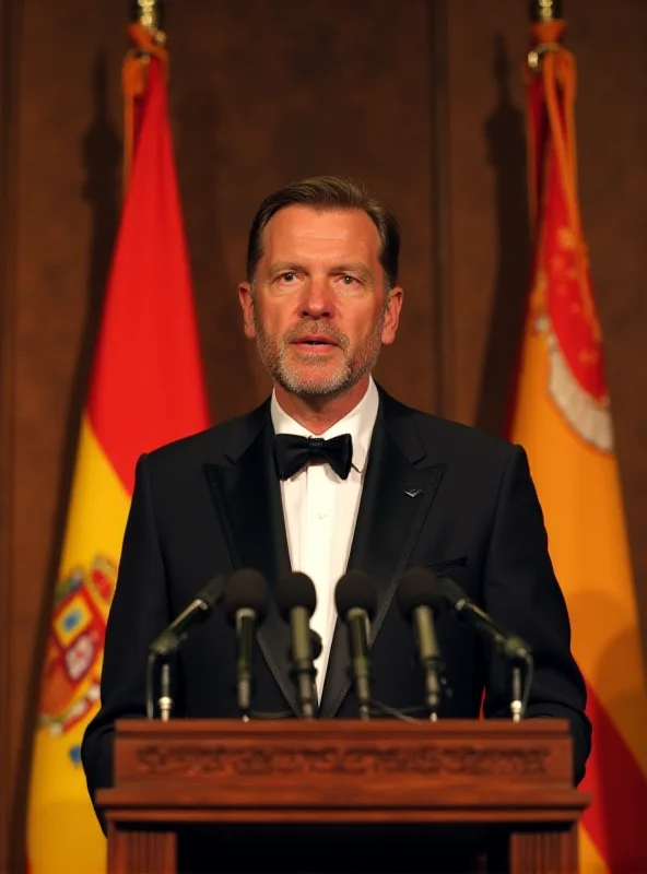 Image of King Felipe VI giving a speech at a formal dinner, with flags of Spain and Ukraine displayed prominently in the background.