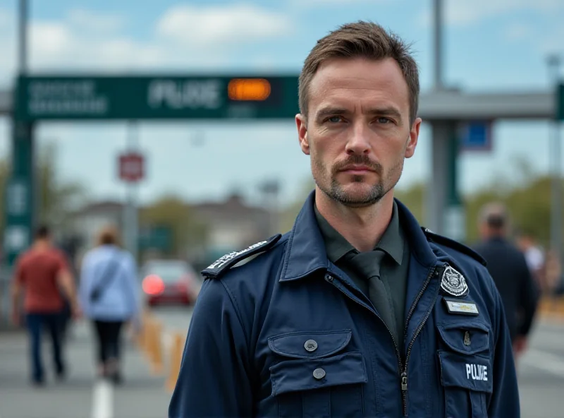 A modern police officer standing guard at a border crossing, with blurred vehicles and people in the background.