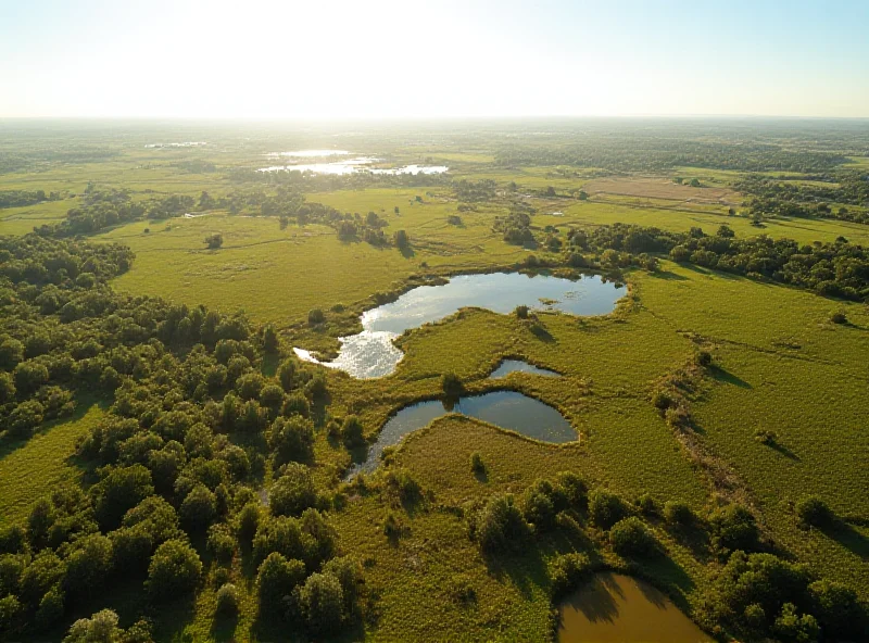 Aerial view of Doñana National Park, showing a mix of wetlands, forests, and agricultural land, with greenhouses visible in the distance.