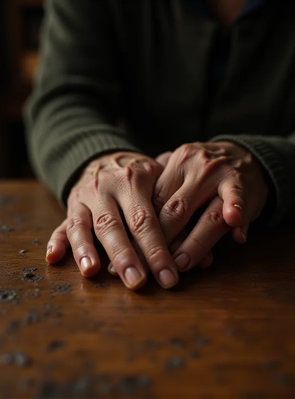 A close-up shot of an elderly person's hands, wrinkled and frail, resting on a table.