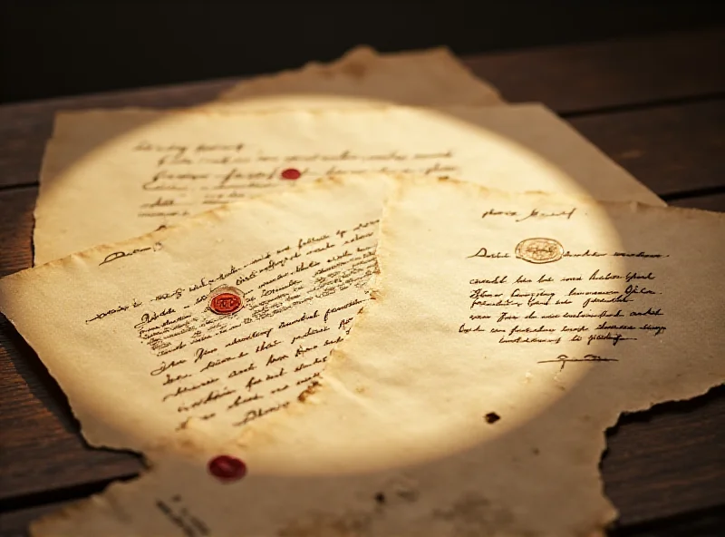 Ancient documents with ornate seals and calligraphy, illuminated by soft light.