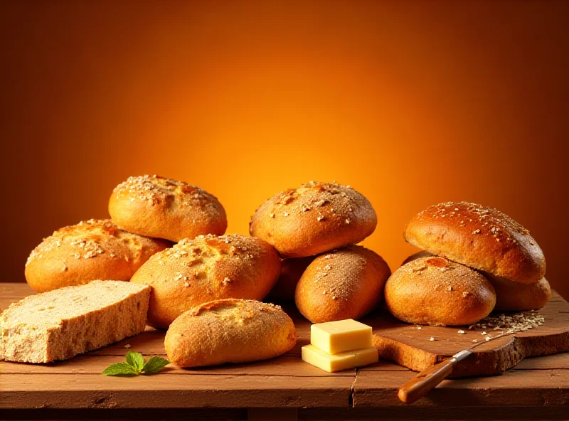 Assortment of fresh bread loaves, including sliced bread, rustic bread, and gluten-free bread, displayed on a wooden table with a checkered tablecloth.