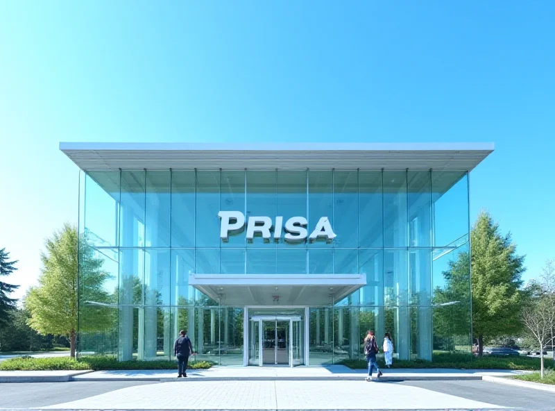 A modern glass office building with the Prisa logo prominently displayed on the facade.