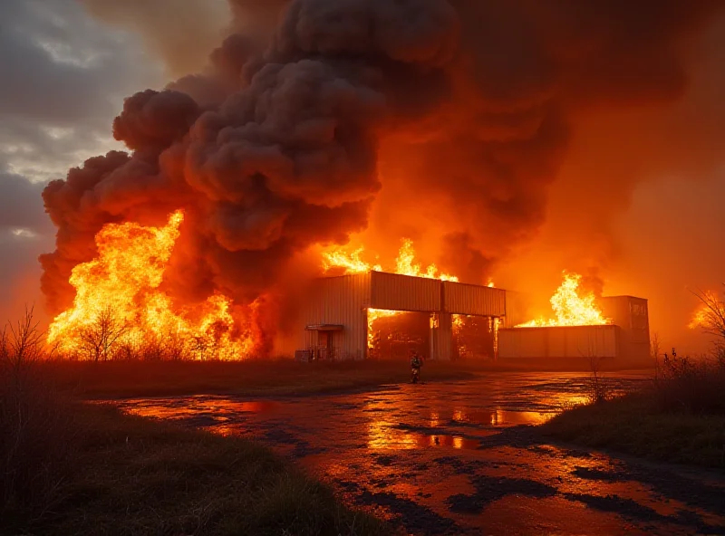 A large industrial warehouse engulfed in flames, with thick black smoke billowing into the sky. Firefighters are battling the blaze.