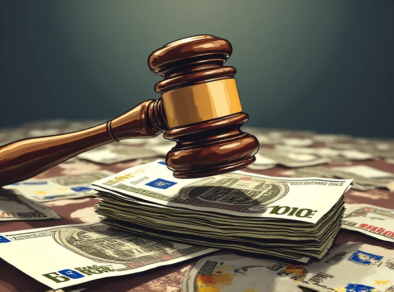 Illustration of a gavel hitting a pile of money, representing corruption and legal proceedings.