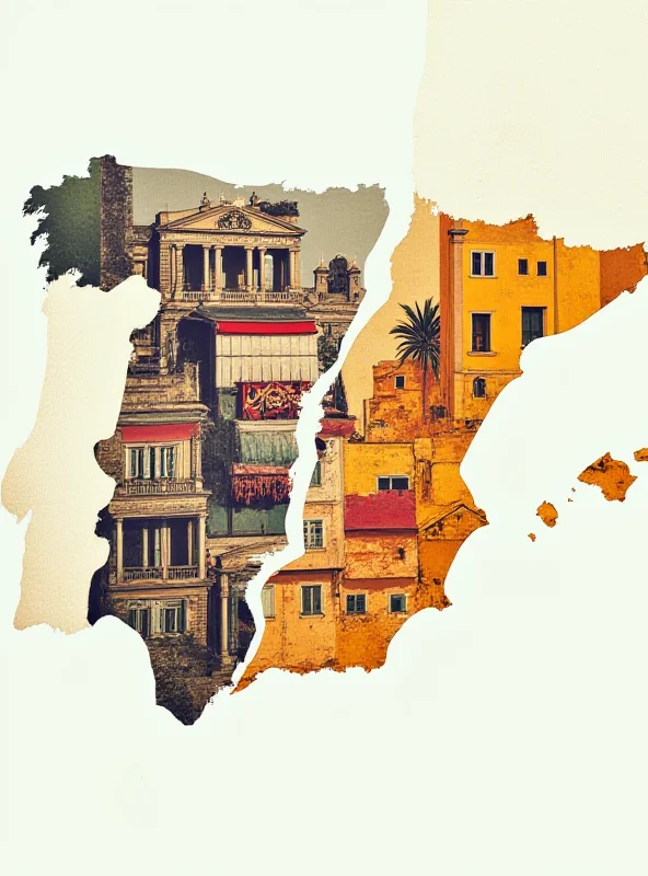 A stylized illustration of a divided Spain, with one side representing traditional values and the other representing modern, progressive ideals.