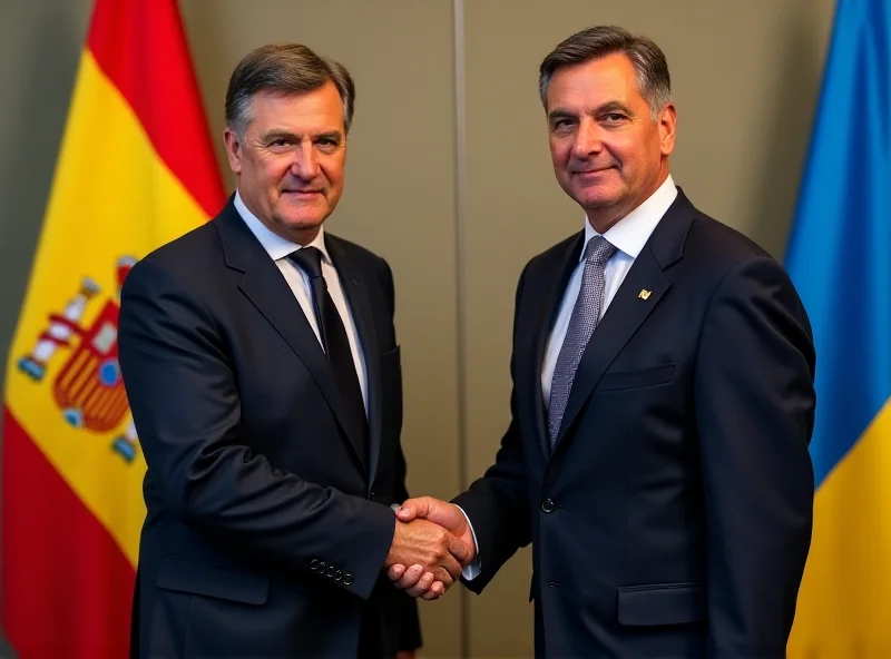 A photo of Pedro Sanchez shaking hands with Volodymyr Zelensky, with a Spanish and Ukrainian flag in the background.