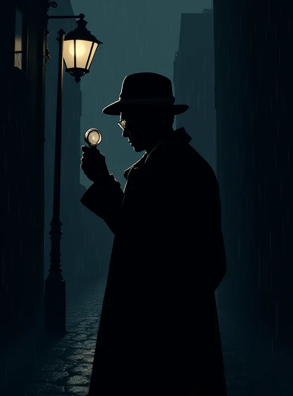 A silhouette of a private detective in a trench coat, holding a magnifying glass. 