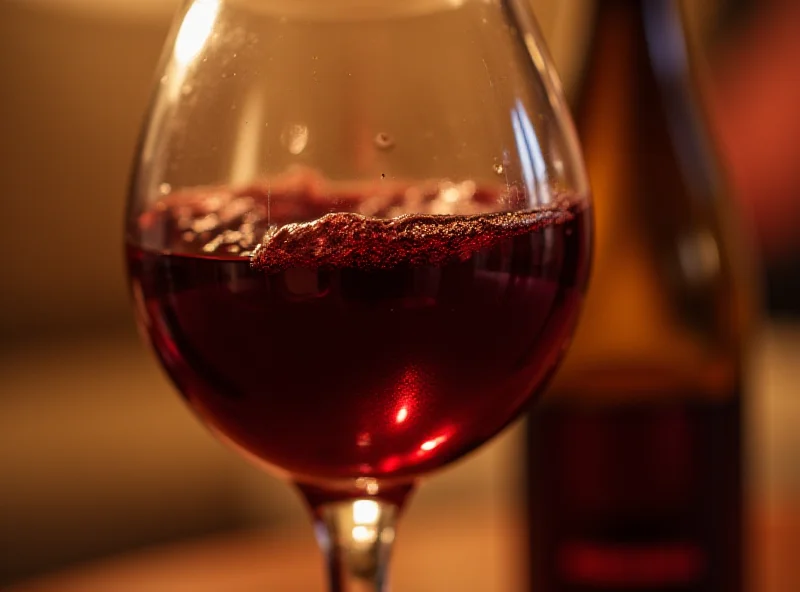 A glass of red wine with a bottle in the background, set in a cozy, warm-lit room. 