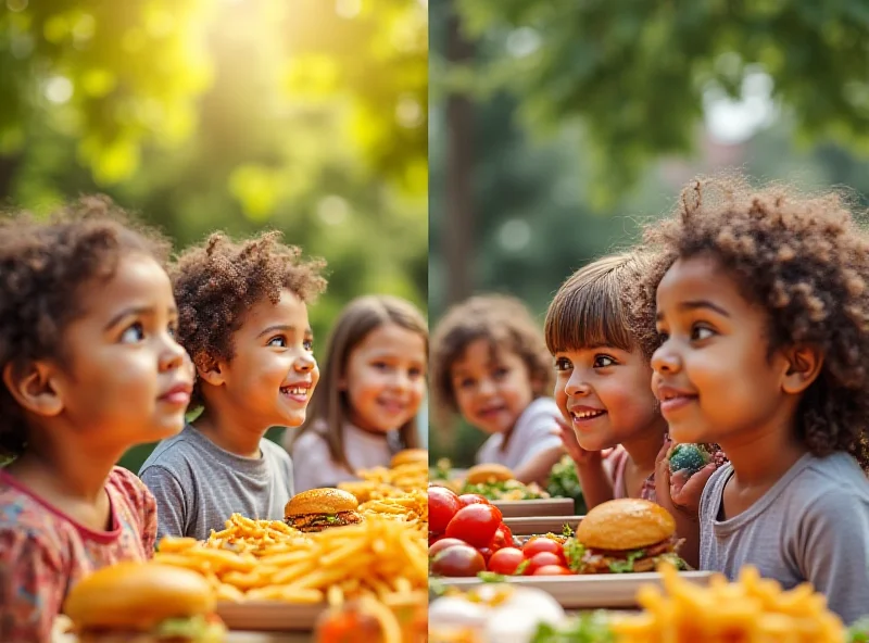 Illustration of children eating healthy and unhealthy foods, highlighting the obesity problem in Spain.