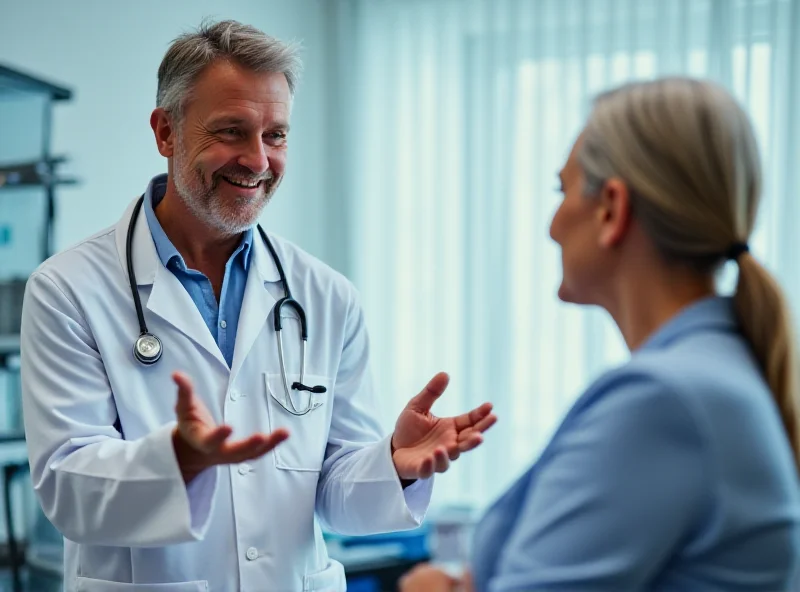 Image of a friendly doctor talking to a patient in a modern clinic setting.