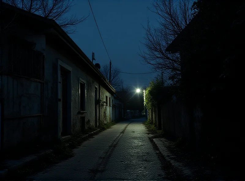 A dimly lit street in Cañada Real de Madrid with houses in the background. The scene conveys a sense of hardship and lack of basic amenities.