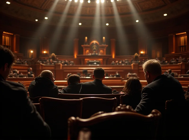 Interior of the Spanish Congress during a session, with blurred figures of politicians debating. The atmosphere is serious and formal.