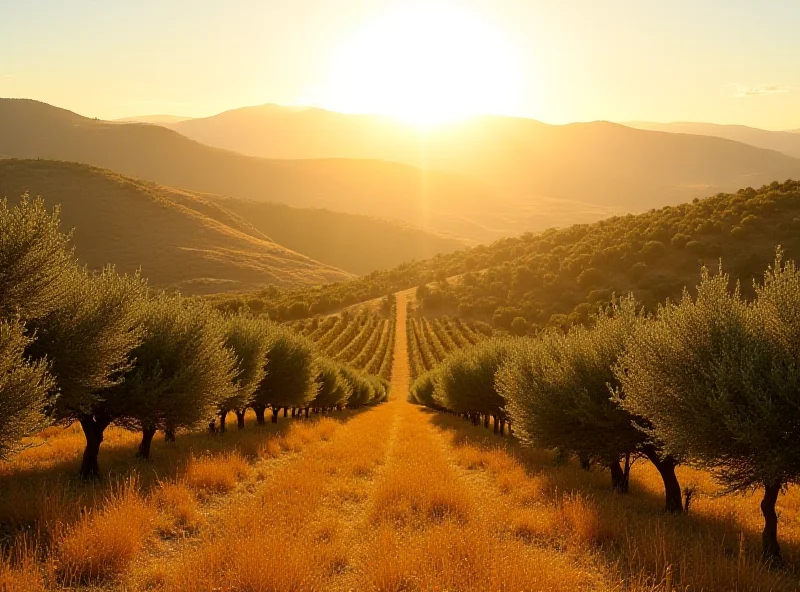 Spanish olive grove with golden sunlight and rolling hills in the background.