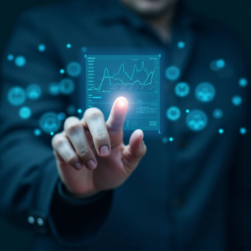 Close-up shot of a hand interacting with a holographic display showing data analytics and charts, representing the concept of digital insights driving economic growth.