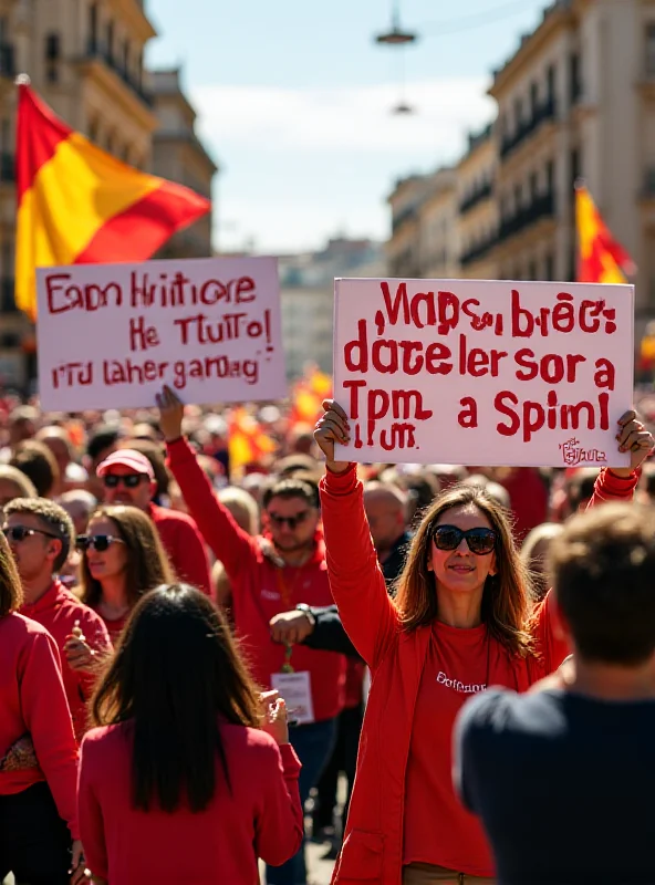 A political rally in Valencia, Spain, with supporters holding signs and banners of the People's Party, expressing the desire for reunification and a return to absolute majorities.