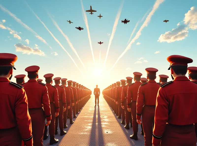 Spanish soldiers standing in formation during a military parade, with jets flying overhead.